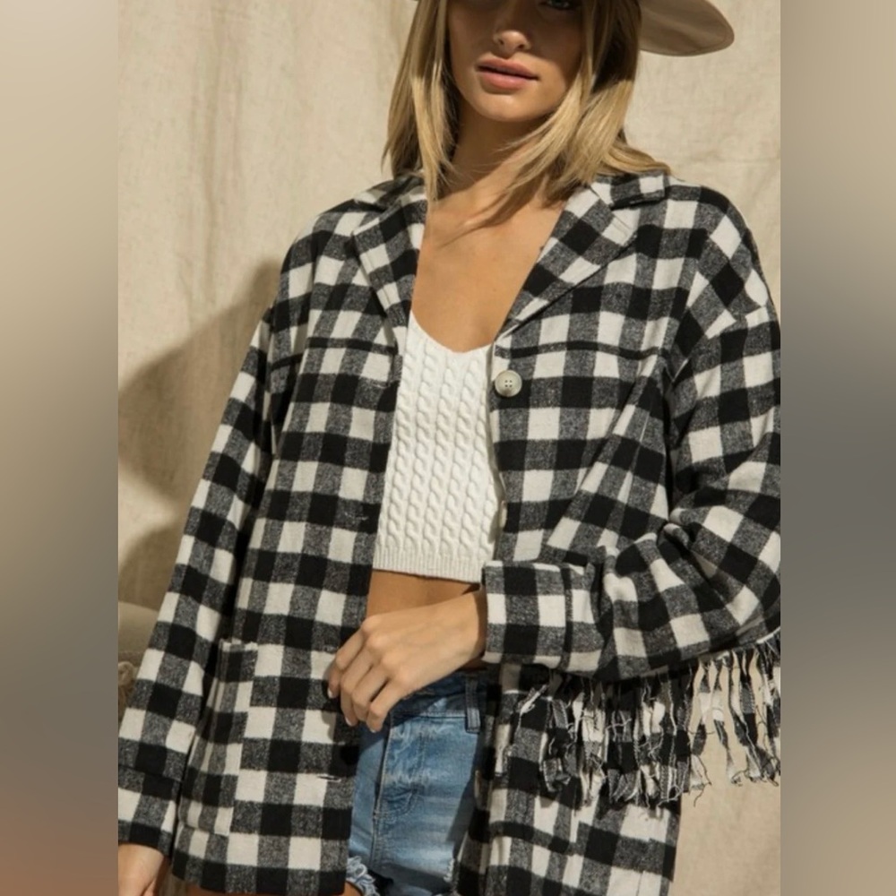 Final price $15 no offers Black and White Checkered Fringe Jacket